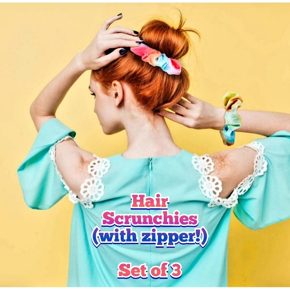 ZIPPER Scrunchie 3pks Tie Dye Velvet Hair Accessory New - Picture 7 of 13